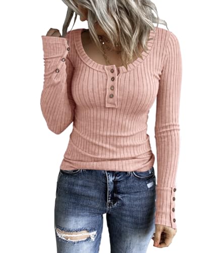 Image of KINLONSAIR Women's Long Sleeve Henley T Shirts Button Down Slim Fit Tops Scoop Neck Ribbed Knit Shirts