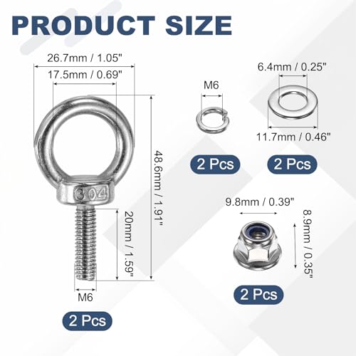 Image of PATIKIL M6 x 20mm Shoulder Eye Bolt, 2 Pcs 304 Stainless Steel Lifting Ring Threaded Eye Bolt with Flange Lock Nuts Spring and Flat Washers for Hanging Tie Down Straps Outdoor Indoor