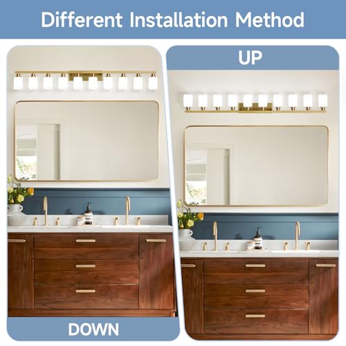 Image of Gold Bathroom Vanity Light,10-Light Brushed Gold Bathroom Light Fixtures with Square Frosted Glass,64.5in Wall Lamp Sconces for Mirror Bedroom,Living Room Hallway,E26