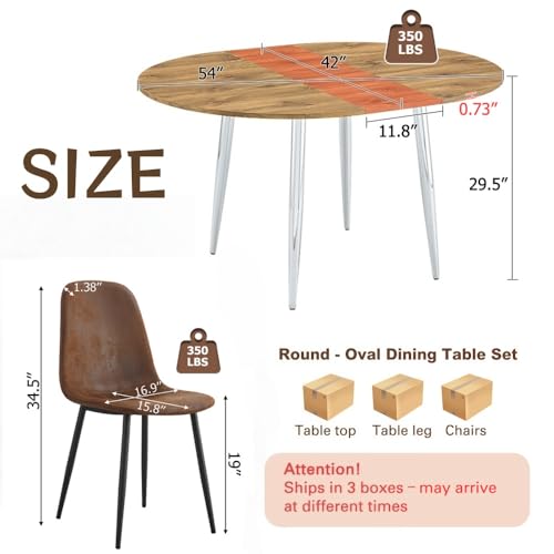 Image of FURNITO Modern Dining Table Set for 4, 42 inch-54 inch Extendable Round to Oval Dining Table, Kitchen & Dining Room Set with Wood Grain Top and 4 Fabric Upholstered Chairs, Space-Saving, Easy Assembly