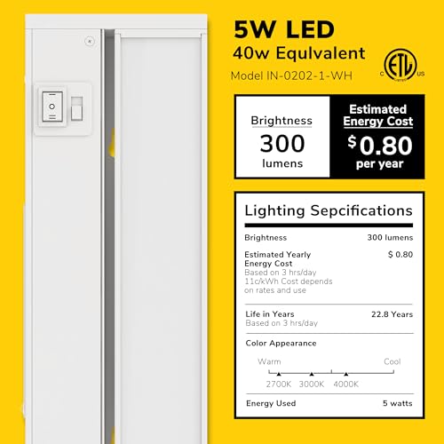 Image of GETINLIGHT 12-Inch Swivel LED Under Cabinet Light, 3-CCT Selectable, White | Choose from 2700K, 4000K, or 5000K. Glass lens, wall-dimmer compatible. Model: IN-0202-1-WH