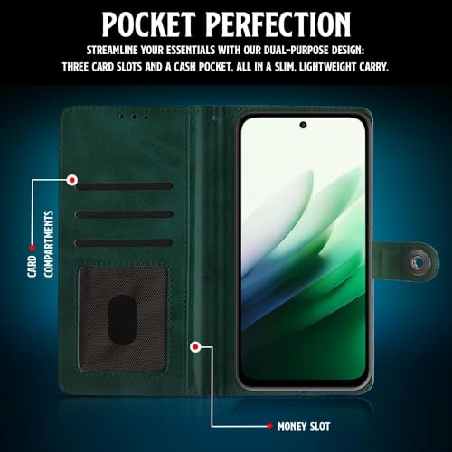 Image of WOW IMAGINE Shock Proof Flip Cover Back Case for Mi Redmi 15 5G (Magnetic Button Flip Case | Wallet Pockets & Stand | Leather Finish | Forest Green)