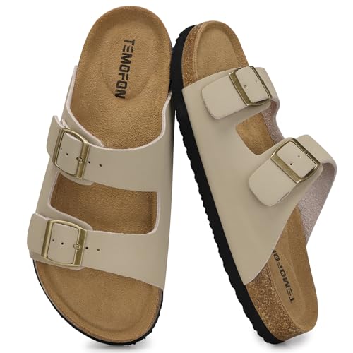 Image of TEMOFON Women's Cork Footbed Sandals: Genuine Leather Comfortable Arch Support Flat - Slip-On Summer Slide Sandals with Adjustable Buckle Beige Size 6.5