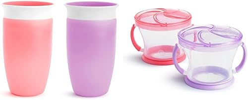 Miniatura 1 de Munchkin Miracle 360 - Vaso para beber para niños pequeños, a prueba de derrames, 10 onzas, paquete de 2, rosamorado y Snack Catcher para niños