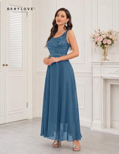Image of BeryLove Sequin Dress for Woman Vintage A Line Wedding Formal Swing Mesh Dress Sleeveless Cocktail Maxi Gowns