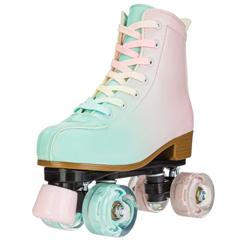Magnitt Roller Skates for Girl and Women Rainbow Leather Roller Skate Ages 8-12 for Beginner Indoor Outdoor (Pink US:7.5)