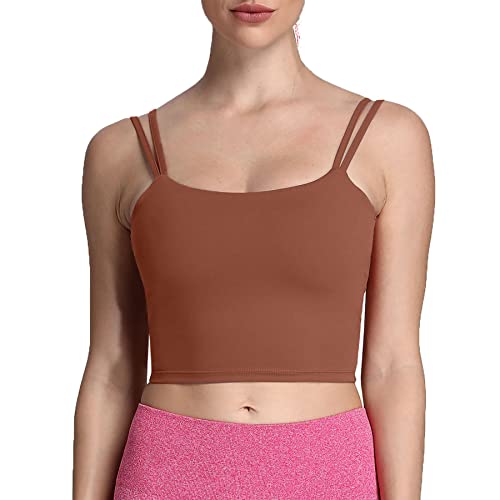 Aoxjox Women's Workout Sports Bras Fitness Padded Backless Yoga Crop Tank Top Twist Back Cami (Dandelion Brown, Medium) #TOP22