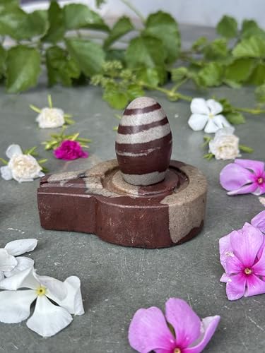 Image of Shivam VASTU AKAL 1.5 inch Original Narmadeshwar Narmada Shivling with 3 inch Narmada Stone Yoni Base Jaladhari (Janeudhari Shivling, Multicolor Flate Jaladhari)