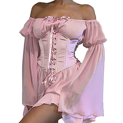 XIWUKOD Pink Corset Dress Women Chiffon Off The Shoulder Ruffled Long Sleeve Flowy Mini Dresses with Bustier Belt