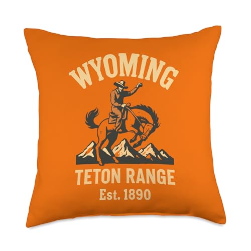 Vintage Wyoming Teton Range Cowboy Horse Riding Souvenir Throw Pillow