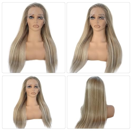 Image of Ombre Ash Blonde Highlight Lace Front Human Hair Wig for White Women, 180% Density 13x4 HD Lace Frontal Pre Plucked Tiny Knots Real Remy Wear and Go Glueless Wigs with Ash Brown Roots 16 Inch