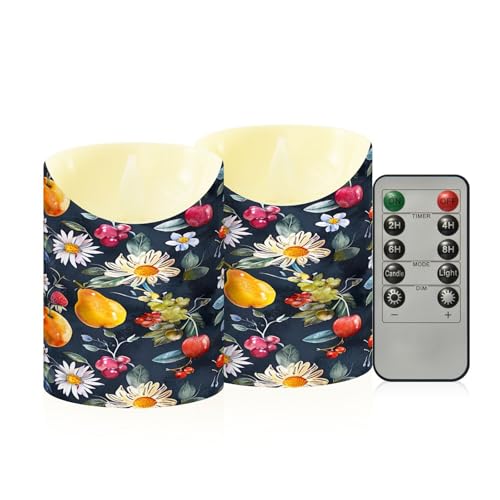 Cgiub Velas sin llama de frutas de verano con temporizador, 2 unidades, funciona con pilas, parpadeantes, sin llama, velas LED para vacaciones, hogar, boda, decoración de chimenea