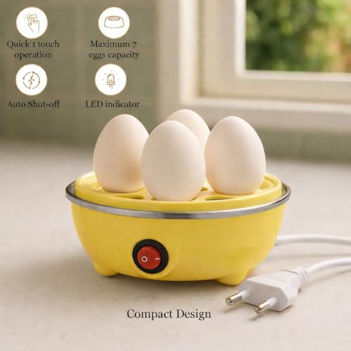 Image of Electric Egg Boiler | 350 Watt | Boils Upto 7 Eggs | Automatic | 3 Boiling Modes | Overheat Protection | Egg Poacher| Stainless Steel Heating Plate, Measuring Cup | 75ml | Plastic | YELLOW