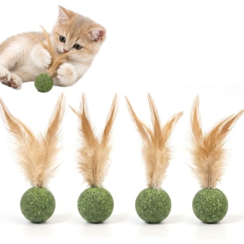 NHCDFA 4 PCS Set of Catnip Balls Catnip Balls Cats Interactive Catnip Toys for Indoor Cats Catnip Infused Feather Balls for Playtime and Exercise Engaging Catnip Ball Toys for Active Cats