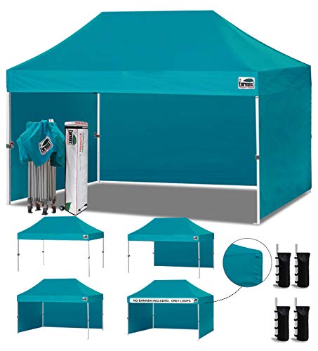 Image of Eurmax USA 10x15 Pop Up Canopy Tent,Commercial Tent with Patented No-Tip Rolling Bag,4 Zippered Removable Walls,UV & Water Resistant Canopy Top,Heavy Duty Outdoor Gazebo,Instant Shelter(Turquoise)
