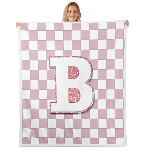 Image of Erosebridal Pink Initial B Fleece Blanket Throw 50 inchx60 inch Kawaii Plaid Checkered Sherpa Blanket Cute Personalized Monogram Fuzzy Plush Throw for Kids Girls,Fashion Grids Gingham Decor for Bed Couch