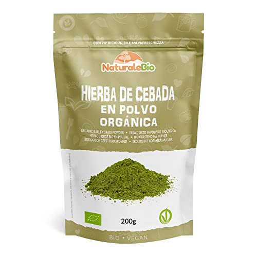 Hierba de Cebada en Polvo Orgánica Cruda, 200g. Ecológica, natural y pura, cultivada en Europa. Ideal para jugo verde, batidos o recetas. Apta para vegetarianos y veganos. NaturaleBio