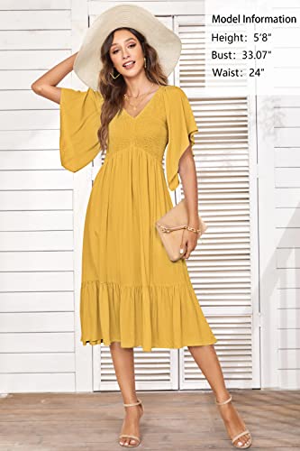 Pygfemr Women's 2023 Summer Dresses Sun Dress Empire Waist Smocked Flutter Short Sleeve V Neck Midi Dresses Yellow L #TOP1