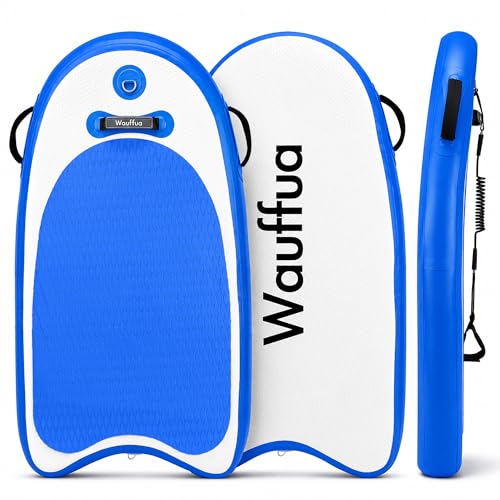 Wauffua Thick Inflatable Bodyboard for Beach & Surfing | 43 Lightweight Body Board with Handles & Wrist Leash Durable Foldable Surfboard Suitable for Most Body Sizes & Most Skill Levels