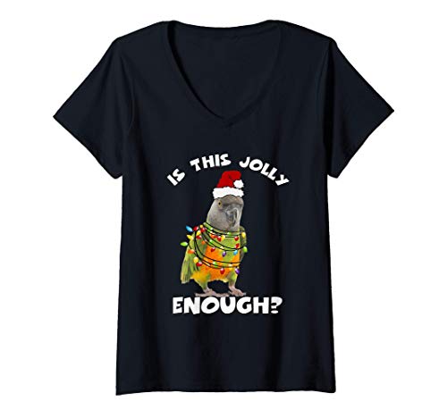 Womens Senegal Parrot Jolly Santa with Lights V-Neck T-Shirt