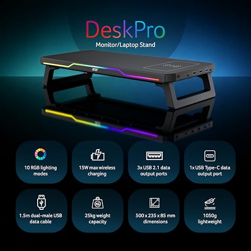 Image of Acer DeskPro Monitor /Laptop Stand with 15W Wireless Charging, RGB LED (10 Modes: Breathing, Flashing, Running, Gradient), USB Hub (3USB +Type-C), Ergonomic Riser, 25kg Load, ABS Build, Desk Organizer