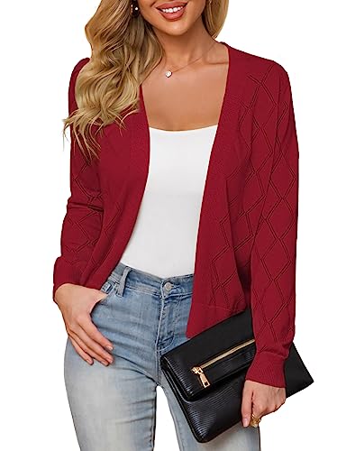 Plusashion Women's Lightweight Cardigan Open Front Long Sleeve Hollow Out Sweater, Red-M #TOP17