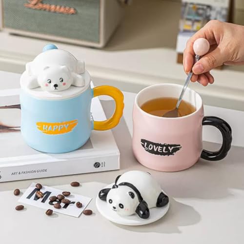 Image of NYRWANA Coffee Mug, Birthday Gifts for Women, Mugs for Present, Rakshabandhan Gift for Brother & Sister, Ceramic Mug, Cute Coffee Mugs, Panda Mug with Lid & Spoon (Blue-350 ml)