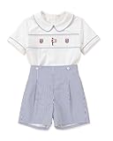 Twoflower Smocked Baby Boy Clothes，toddler boy’s outfits Vintage Summer Cotton Short Sleeve boys' button-down shirts Casual 2 piece Clothing Set (Blue Stripe, 12 months)