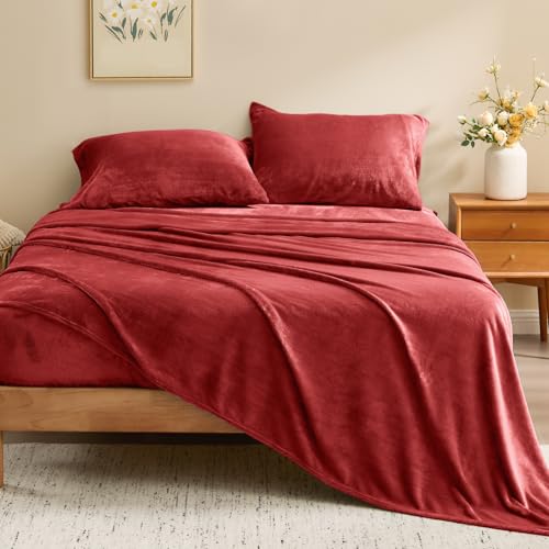 Image of BEDELITE Flannel Sheets Queen Size Red - Super Soft Fleece Sheets Set Fluffy Extra Plush, 4 Piece(Include Fitted Sheet, Flat Sheet, 2 Pillowcases)