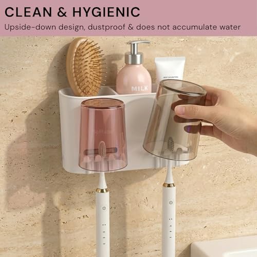Image of Solitude Wall Mounted Tooth Brush Holder for Bathroom with 2 Mouthwash Cups | Bathroom Toothbrush Organizer | Multi-Compartment, Dustproof & BPA-Free Brush Holder for Bathroom Storage