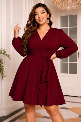 Image of RED DOT BOUTIQUE 836 - Chiffon Long Sleeves Wrapped V Neck Long Waist Ties Club Solid Black Dress Plus Size
