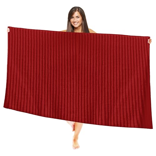 Image of Elegant Comfort 100% Turkish Cotton Corduroy Ribbed Luxury Jumbo Bath Towel Ultra Soft - 35 x 70 Inch - Luxury Spa Premium Hotel Quality Highly Absorbent and Quick Dry Large Bath Towel, Red