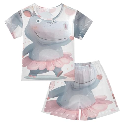 Summer Pajama Set Grey Hippos, Short Sleeve Sleepwear Nightwear