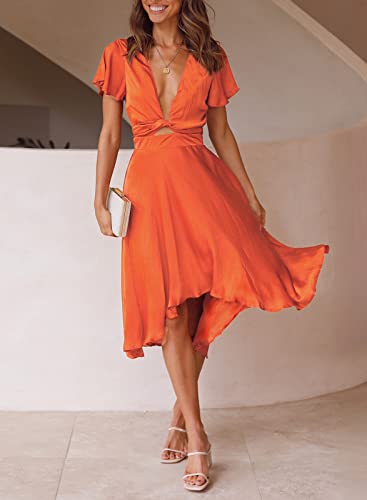 Image of miduo Womens Satin V Neck Ruffle Short Sleeve Tie Front High Waist Midi A-Line Maxi Dresses