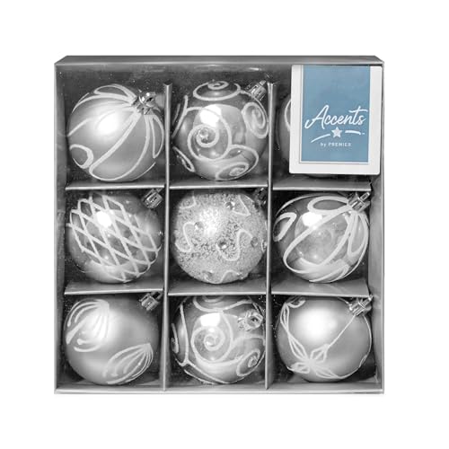 Image of Christmas Shatterproof Baubles 9 Pack 60mm Tree Decoration - glitter, matte, and shiny (Silver 6211)