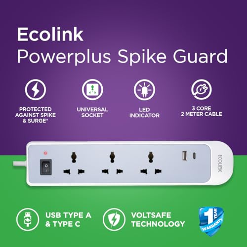 Image of EcoLink PowerPlus 3-Socket 6A Extension | Dual USB-A & USB-C Fast Charging Ports | Compact, Portable & Safe Power Strip | Home, Office & Travel | Overload & Short Circuit Protection | pack of 1