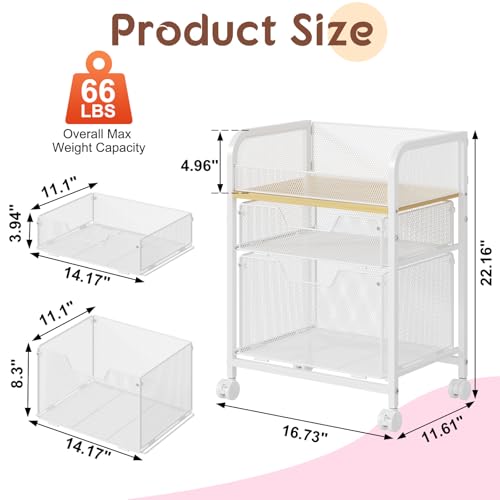 Image of Yociyoga 3 Tier Rolling Cart with Drawers,Pantry Storage Cart with Wheels,Under Desk Storage Cart for Small Space,Pantry Floor Organizers and Storage,Metal Load-Bearing Utility Craft Cart,White