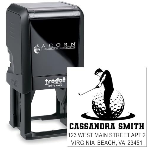 Image of Golf Swing Silhouette Self Inking Rubber Stamp - Name and Address Stamp | Refillable Rubber Stamp. Choice of 11 ink colors. Golf Player Stamp. Built-in refillable pad. Laser-cut lettering.