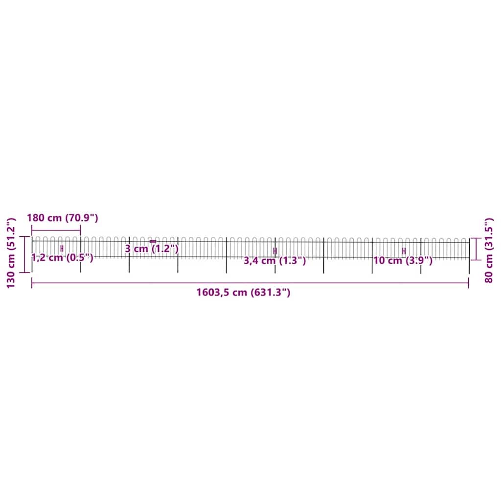 Ogrodzenie ogrodowe z łukiem okrągłym, stal malowana proszkowo, długość 15,3 m, wysokość 80 cm, czarny, wytrzymały zestaw ogrodzeniowy ogrodowy na podwórko i do ogrodu