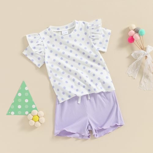 Mandizy Toddler Baby Girl Clothes Summer Ribbed Knit Ruffle Short Sleeve Striped Print T-Shirt Tops Shorts Set Outfit thumb #1