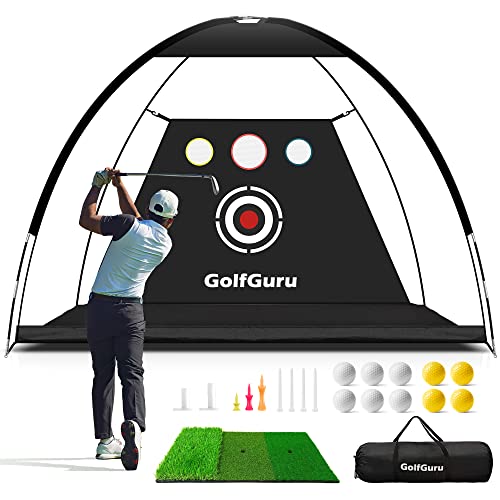 Golfguru All in 1 Golf Practice Net - 10x7ft Tri-Turf Mat, Impact Target, 10 Balls, 7 Tees, Carry Bag for Backyard Driving Chipping Indoor Classic Practice Golf Net
