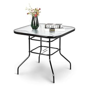VINGLI Glass Patio Table with Umbrella Hole, 32″ Square Outdoor Dining Table Steel Tempered Glass Patio Tables Outdoor Tables for Balcony Garden Deck