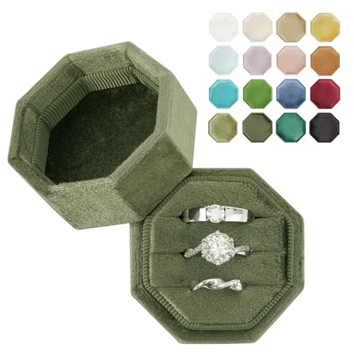 Vacfulliven Engagement Ring Box Octagonal Proposal Ring Storage Box Travel Ring Bearer Box 3 Slots (Moss Green)