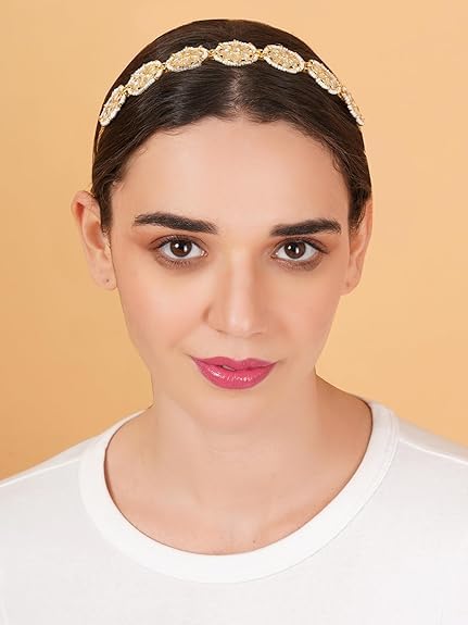 Fantastic USA Floral Kundan Studded Matha Patti Sheesh Patti Wedding Hairband Traditional Golden Celebrity Headband Hair accessory Jewellery for Women and Girls