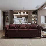 N NOORDENIYA 85.8' Tufted Leather Chesterfield Sofa with Storage, PU Chesterfield Couch with 3 Seats, Modern Chesterfield Sofa with Rolled Arm, Button Tufted Sofa for Living Room, Burgundy