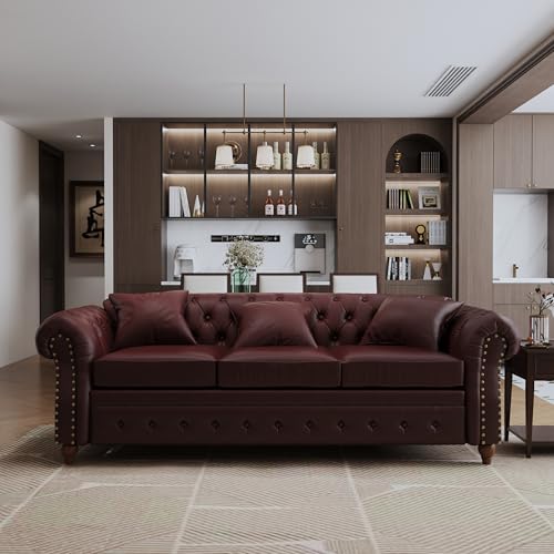 N NOORDENIYA 85.8" Tufted Leather Chesterfield Sofa with Storage, PU