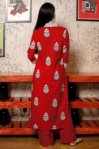 Image of GoSriKi Women's Cotton Blend Straight Hand Block Printed Kurta with Pant & Dupatta | Ethnic Wear for Women | Indian Casual Office Daily Summer Outfit