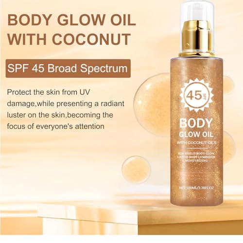 Body Glow Oil with Coconut–Body Sunscreen Oil,Shimmer Body Oils with Gold Mica,Glow Oils for Bodys,Glows Sunscreen,Hydrating & Quick Absorption, Water Resistant for Face & Bodys,SPF 45 - Image 3