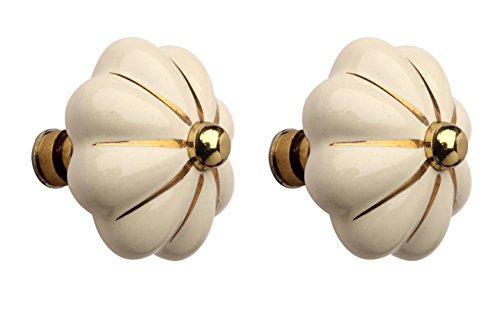 Image of Fluted Ceramic Polished Brass Cabinet /Drawers Knob Cream /Gold (2)