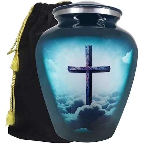 M MEILINXU Turquoise Cross Urns for Human Ashes Adult Female, Full Size Urn